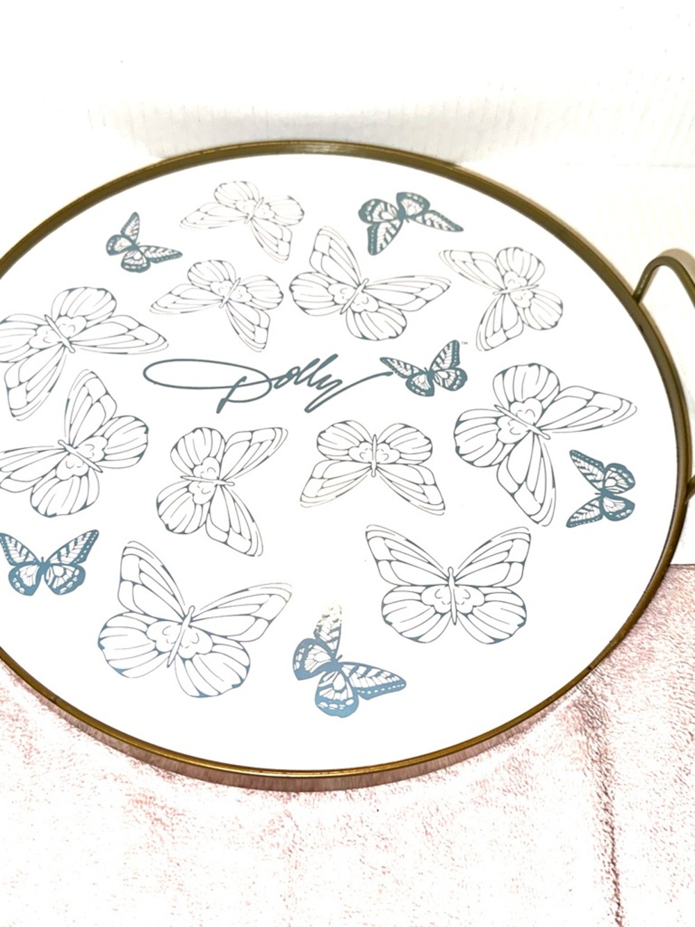 Dolly Pardon Butterfly Round Serving Tray - White & blue. 37.5 round